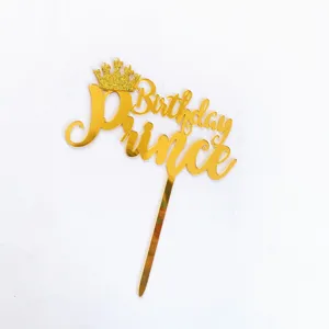 Gold acrylic Birthday Prince cake topper with glitter crown for party decoration.