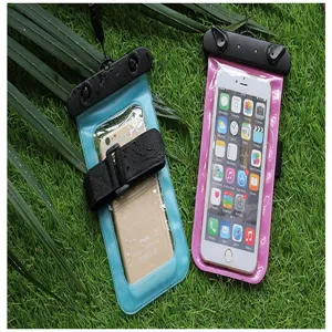 Universal waterproof phone bag detail view, floating pouch with armband for swimming and outdoor sports.