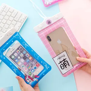 Large cartoon waterproof phone pouch with floating air bag and touch screen for swimming.