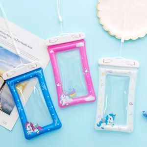 Cartoon waterproof mobile phone pouch with airbag and lanyard for swimming diving beach use.