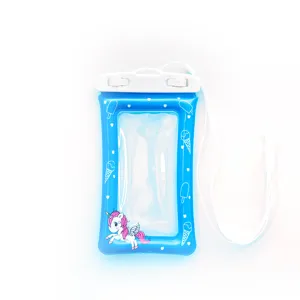Waterproof phone pouch with cute unicorn pattern, clear touch screen dry bag for swimming beach.
