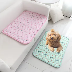 Cooling pet mat for dogs and cats, breathable ice silk summer mat in detail scene.