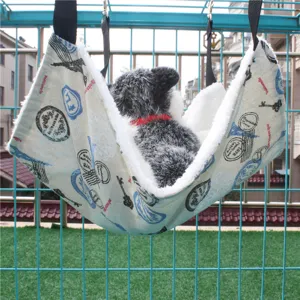 Cozy plush pet hammock for cages, soft hanging cat bed with vintage print design for small dogs kittens.