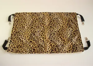 Leopard print pet cat hammock with black straps and metal clips for cage use. Cozy bed.
