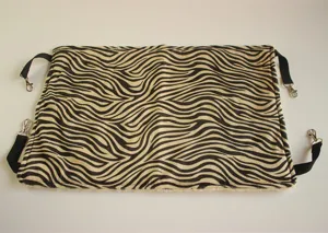Zebra print plush pet cat hammock with metal clips, comfortable hanging bed for cage use.