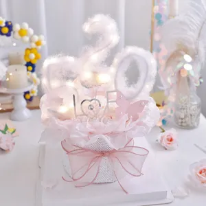 Decoration gateau Saint Valentin 520 chiffre lumineux coeur amour noeud perle rose