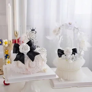 Camélia Fête des Mères décoration de gâteau plume perle nœud style chic pour fête dessert