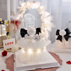 Gâteau camélia topper plume perle nœud LED lumières romantique fête anniversaire déco 1pc