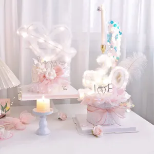 Romantique LED 520 Décoration de Gâteau Saint-Valentin Camélia Nœud Perle Strass Coton Cœur Ornement Mariage Fête
