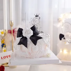 Topper de Gâteau Perle Nœud Camélia Élégant Fête des Mères Décoration de Dessert Chic