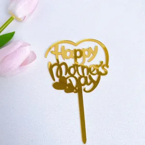 Gold acrylic Happy Mother's Day cake topper heart shaped baking dessert decoration for party