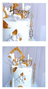 Acryl gouden taarttopper set met gelukkige verjaardag en jubileum thema's voor feestdecoratie.