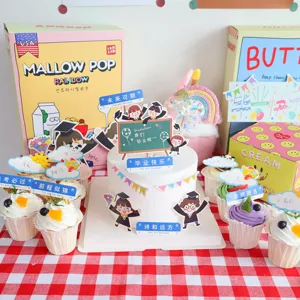 Set de decoración para tarta de graduación, bonitas tarjetas de papel de dibujos animados.