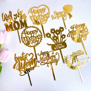 Gold acrylic Happy Mother's Day cake toppers set, best mom ever cake decoration for party.
