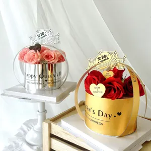 Coffret Cadeau de Roses pour Fête des Mères avec Boîte Ronde Métallique et Toppers