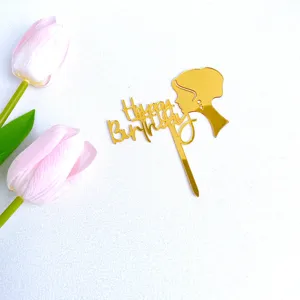 Gold acrylic cake topper with woman silhouette and Happy Birthday text for parties.
