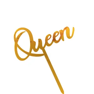 Gold acrylic Queen cake topper, shiny metallic finish, elegant cursive lettering for party.