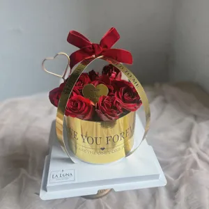 Gros plan d'une boîte de roses rouges luxueuse avec nœud en velours et détails de ruban doré.