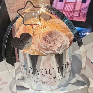 Magnifique boîte cadeau de roses avec design cylindrique métallique pour les moments romantiques.
