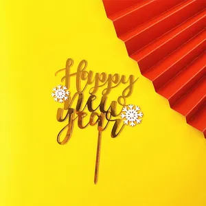 Gold Acrylic Happy New Year Cake Topper with White Snowflakes for Winter Holiday Party