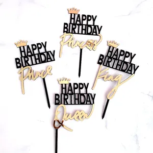 Acrylic Happy Birthday cake topper set with crown king queen prince princess designs.