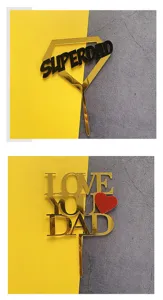 Acrylic Father's Day cake topper set, gold mirror finish dad birthday baking decoration details.