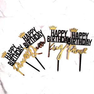 Acrylic Happy Birthday cake toppers with crown, gold and black design for party decoration.