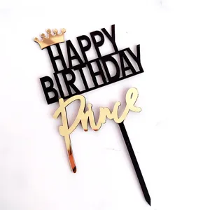 Black gold acrylic Happy Birthday Prince cake topper with crown design for party decor
