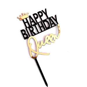 Acrylic Happy Birthday Queen cake topper in black and gold with a cute crown for parties.