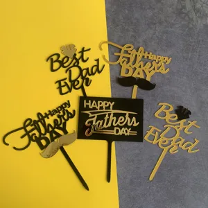 Acrylic Father's Day Cake Topper Best Dad Ever Happy Father's Day Moustache Party Cake Decoration Gold Black Mirror Acrylic Cake Insert