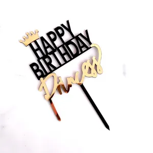 Black Gold Acrylic Cake Topper Happy Birthday Princess Crown Cake Decor Party Supplies