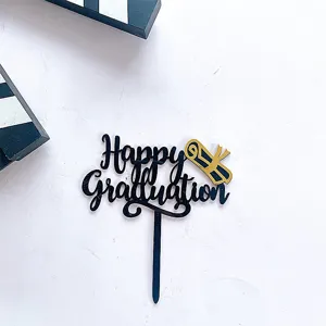 Acryl Abschluss Tortenaufleger schwarz gold Happy Graduation Party Deko Kuchenstecker 1Stk