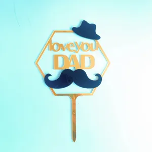 Acrylic Father's Day cake topper, gold and black design, perfect for dad party decor.
