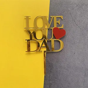 Gold acrylic Love You Dad cake topper with red heart for fathers day baking decoration.