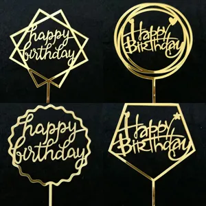 Gold acrylic happy birthday cake topper set, 4 geometric designs for party dessert table decor.