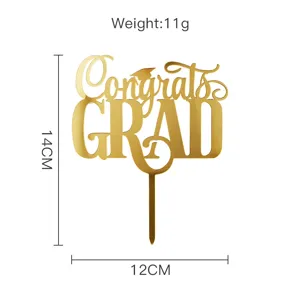 Gold acrylic graduation cake topper detail showing dimensions and weight for party decor.