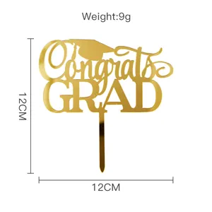 Gold acrylic graduation cake topper detail showing Congrats GRAD text and graduation cap 12cm