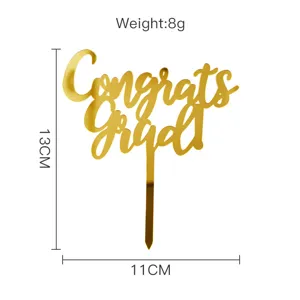 Gold acrylic Congrats Grad cake topper graduation party dessert table decoration 13x11cm