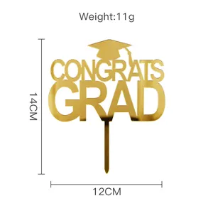 Gold acrylic graduation cake topper, congrats grad party decoration insert, 14x12cm.