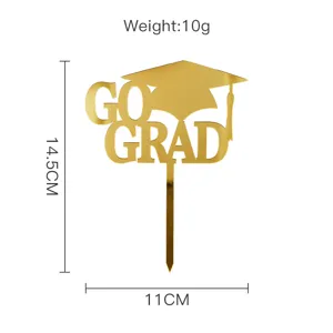 Gold acrylic graduation cake topper detail showing exact dimensions and weight specs.