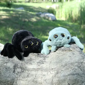 Cute four-eyed spider plush toys outdoor detail view, fluffy black and blue dolls.