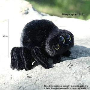 Cute four-eyed black spider plush toy, soft creeping doll and funny prank bag pendant.