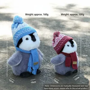 Cute penguin plush toy set with knit hats and scarves, soft stuffed animal doll gifts.