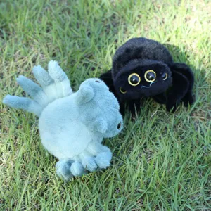 Cute fuzzy spider plush toys in black and light blue, soft stuffed doll pendant for bags.