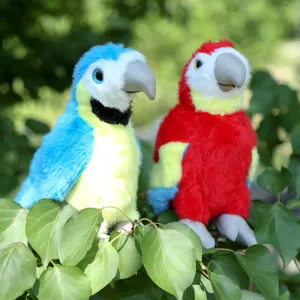 Detailed close-up of colorful parrot plush toys nestled among green leaves, soft texture.
