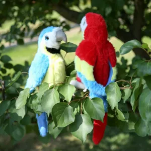 Detailed view of cute plush parrot toys featuring blue and red colors placed on green leaves.