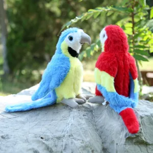 Detailed shot of cute plush parrot stuffed animal toys with vibrant colors for kids gift.