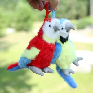 Colorful parrot plush toy keychain detail, soft fluffy stuffed animal bag pendant charm.