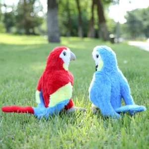 Cute colorful plush parrot stuffed animal doll soft toy outdoor green grass detail view