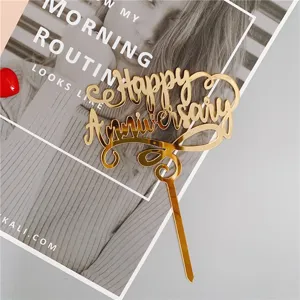 Gold acrylic Happy Anniversary cake topper detail view for wedding anniversary dessert decor.